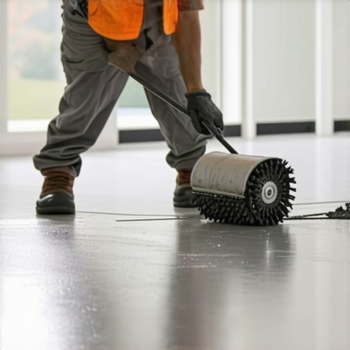 A specialist using a spiky roller to ensure a bubble-free finish on a new floor leveling pour.