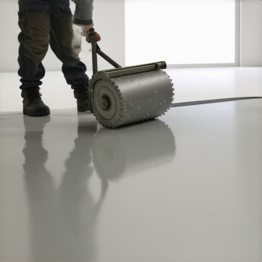 Smoothing Self-Leveling Compound with a Spiked Roller Close-up of a professional using a spiked roller to remove air bubbles from floor leveler for a smooth finish.