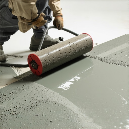 Smoothing self-leveling compound with a spiked roller Contractor smoothing out wet floor leveling compound to ensure a flat surface for tile installation.
