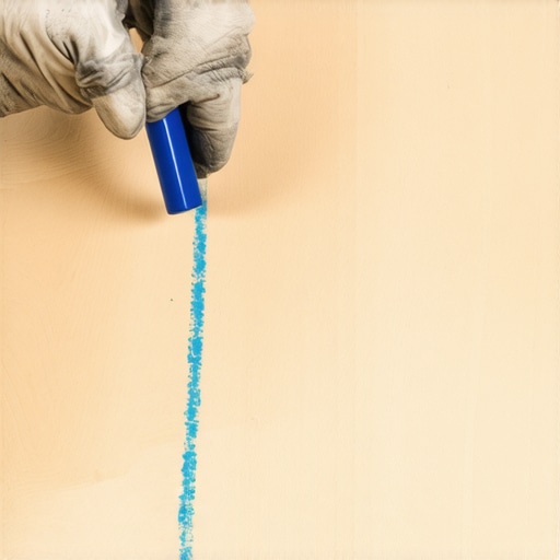Snapping a perfect chalk line on plywood Close up of hand snapping a blue chalk line on a plywood subfloor for flooring installation layout
