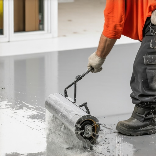 Spiked Roller Smoothing Self-Leveling Underlayment Contractor using a spiked roller on self-leveling compound to ensure a flat subfloor.