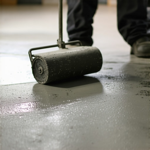 Professional installer using a spiked roller on self-leveling compound to remove air bubbles