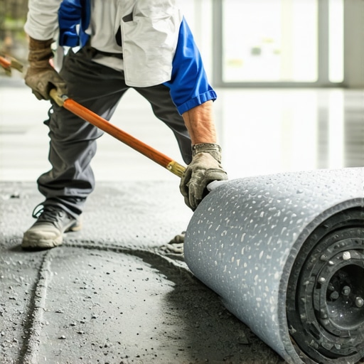A professional using a spiked roller to smooth out self-leveling compound on a subfloor.