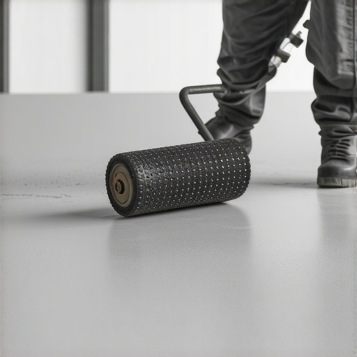 Spiked Roller for Perfect Floor Leveling Professional using a spiked roller on wet self-leveling compound