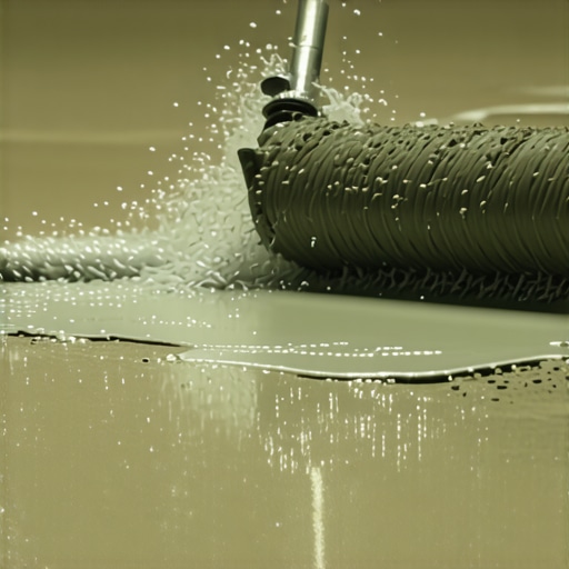 Close up of a spiked roller smoothing out self-leveler on a subfloor