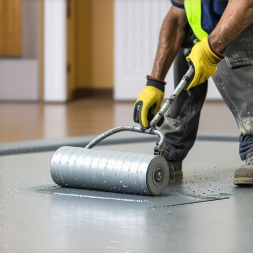 Spiked Roller on Self-Leveling Compound A worker using a spiked roller to smooth out self-leveling floor compound to prevent air bubbles and cracks.