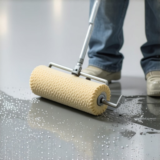 A contractor using a spiked roller to smooth out self-leveling compound on a subfloor.