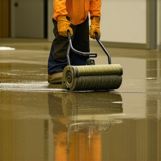 A contractor using a spiky roller on a wet self-leveling floor pour to remove bubbles.