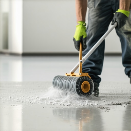 Spiky roller for smooth floor leveling A contractor using a spiky roller on a self-leveling compound