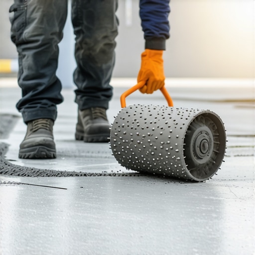 Spiky roller technique for floor leveling Professional using a spiky roller on self-leveling compound