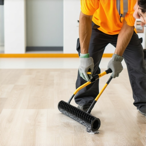 Spreading Self-Leveling Underlayment Professionally A pro contractor spreading floor leveler with specialized tools.
