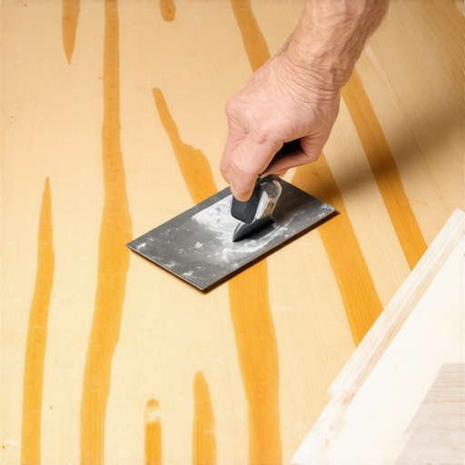 A worker using a notched trowel to create uniform adhesive ridges on a stair tread subfloor.