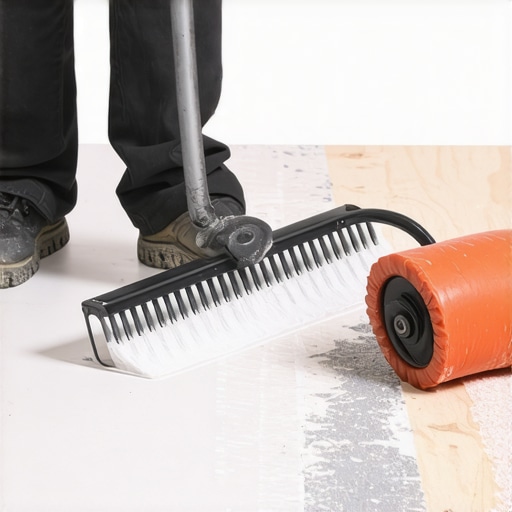 Spreading self leveling compound on subfloor Contractor spreading self leveling underlayment on plywood subfloor