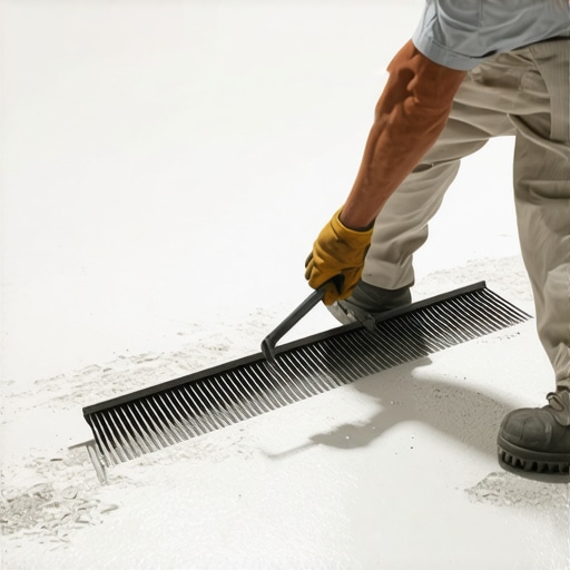 Contractor using a gauge rake to ensure even coverage of self-leveler on a concrete floor.