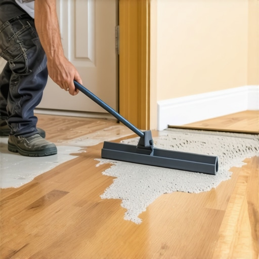 Spreading self-leveling compound with a notched squeegee Worker spreading floor leveler near a transition zone