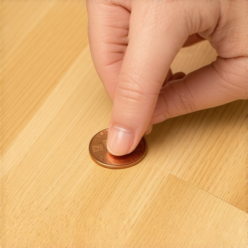 Testing Engineered Hardwood Durability with the Penny Test A hand scratching a wood flooring sample with a penny to check finish quality