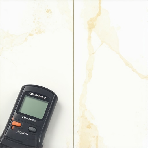 Testing Marble Floor for Moisture Content A moisture meter being used on yellowing white marble tiles to identify water damage.