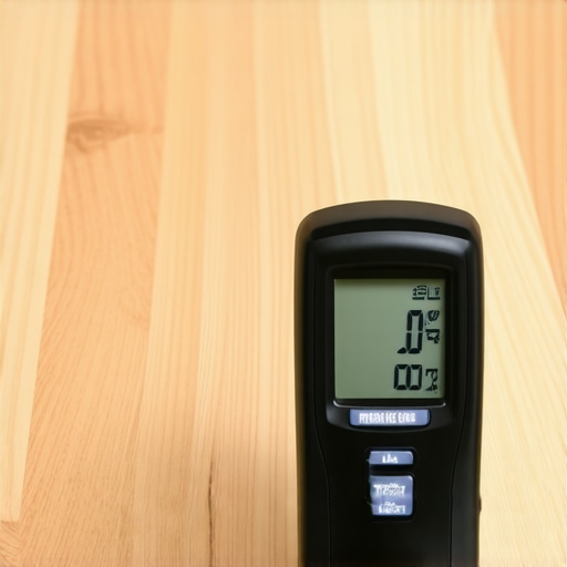 A digital moisture meter checking the humidity levels of hardwood flooring planks.