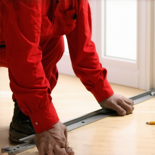 Professional contractor checking for high spots on a subfloor using a 10-foot straightedge near a room transition.