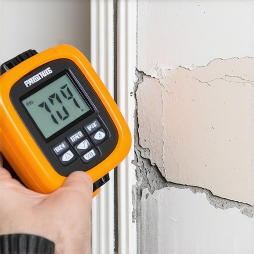 Testing Subfloor Moisture Before Leveling A hand holding a digital moisture meter over a grey concrete subfloor to ensure it is dry for floor leveling compound.