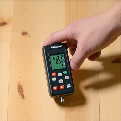 A contractor using a moisture meter to check the humidity levels of an antique wooden subfloor before installation.