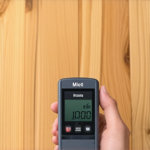 Testing Subfloor Moisture Levels A digital moisture meter being used to check a hardwood floor for moisture content.