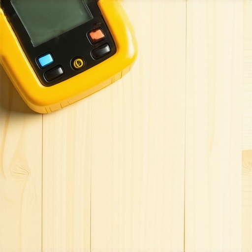A digital moisture meter being used to test a plywood subfloor before installing wood floors