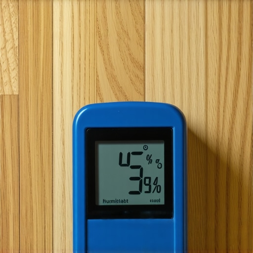 A digital moisture meter being used on a wide plank white oak floor to check for installation readiness.