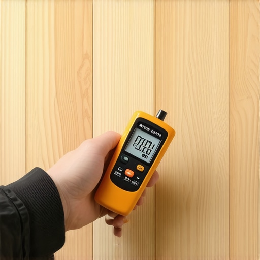 Testing Wood Moisture with a Pinless Meter A professional pinless moisture meter checking the moisture content of an oak hardwood floor to prevent warping.