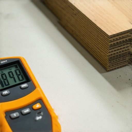 Digital moisture meter on a concrete floor with vinyl planks