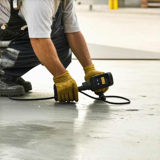 Testing concrete slab moisture with a pinless meter Professional contractor measuring moisture levels on a concrete subfloor before leveling.
