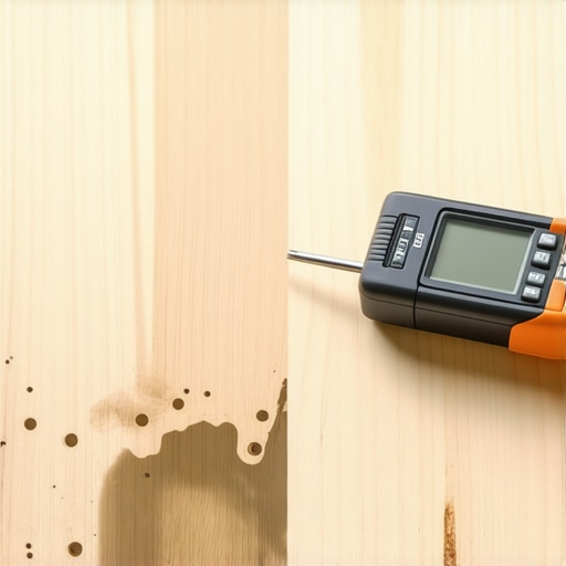 Testing moisture levels in white oak flooring Moisture meter checking for dampness in stained hardwood floor