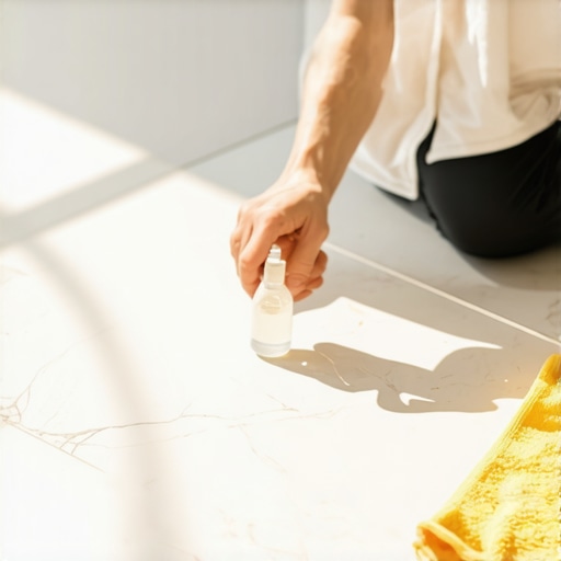 Testing natural stone for acid sensitivity A homeowner performing a pH test on natural stone floor tiles to prevent chemical etching.