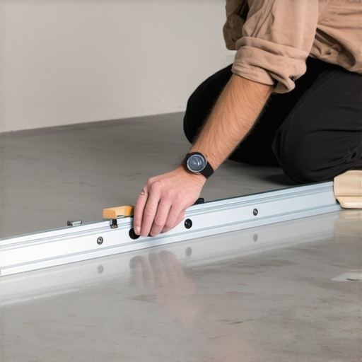 A homeowner using a 3-foot level to check for subfloor dips before installing healthy flooring.