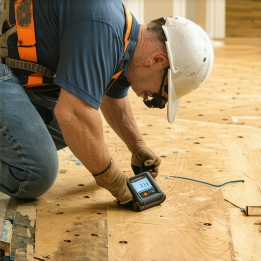 Close up of a contractor using a moisture meter on a wooden subfloor before installing hardwood.