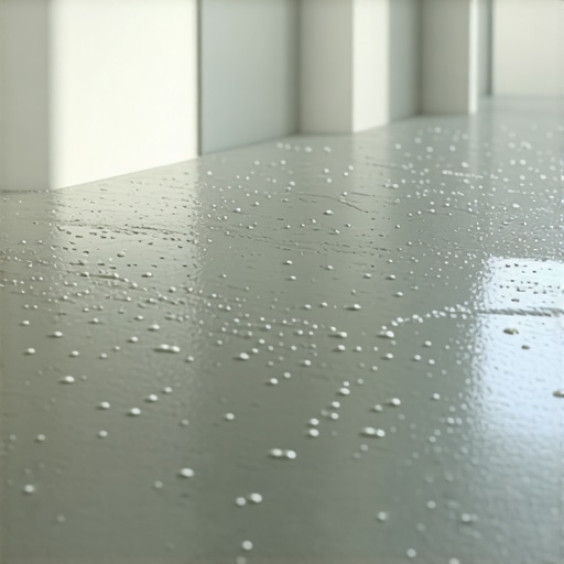 The Concrete Porosity Water Test Close-up of water droplets beading on a sealed concrete slab to test for porosity before flooring installation.