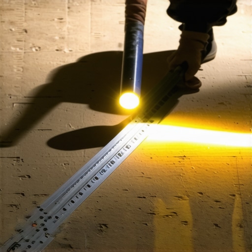 The Flashlight Test for Subfloor Flatness A worker checking subfloor levelness using a flashlight and straightedge.