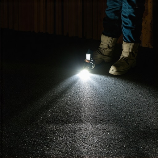 The Flashlight Test for Subfloor Flatness Contractor using a flashlight to find subfloor imperfections before flooring installation.