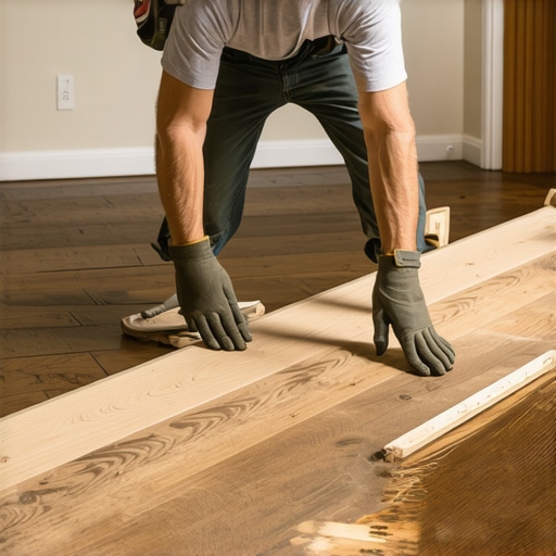 Close up of flooring adhesive being applied to a wide oak plank to prevent cupping and movement.