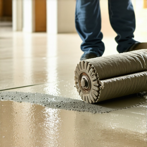 Professional contractor using a spiky roller to remove air bubbles from wet self-leveling compound on a subfloor.