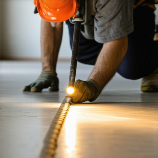 The secret to a flat floor is in the prep. Checking subfloor flatness with a straightedge.