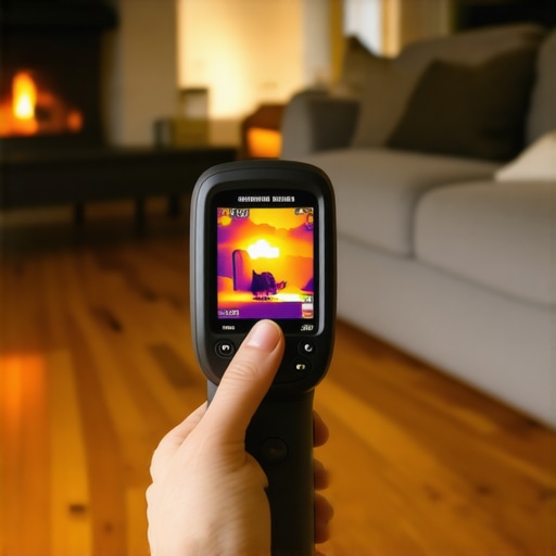 Thermal mapping of cold spots on hardwood flooring A thermal camera showing blue cold areas on a wooden floor surface