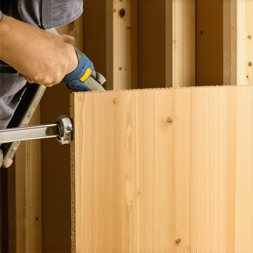 Tightening the final flooring row with a scrap wood lever Close up of using a scrap wood block and pry bar to seat a final row of flooring planks near a wall.