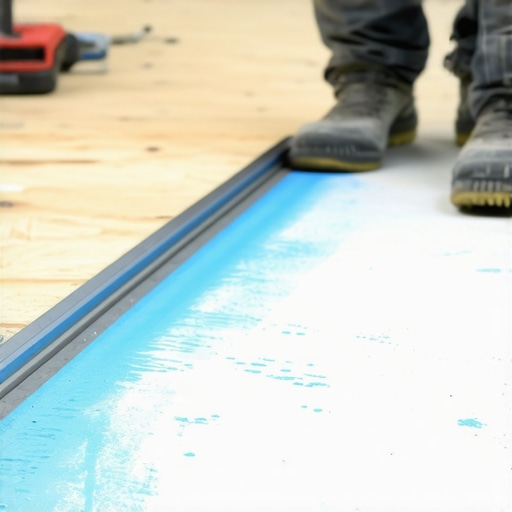 Contractor identifying low spots on a subfloor with chalk and a level.