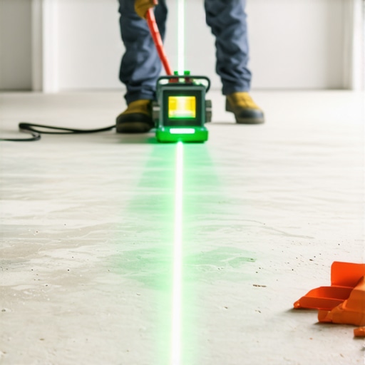 Using a 360-degree laser for floor leveling mapping Installer mapping a floor with a green laser level and height screws for perfect leveling.