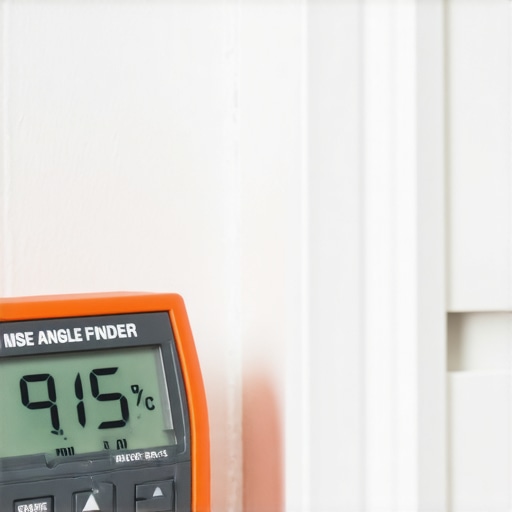 Close-up of a digital protractor measuring a wall corner for trim installation