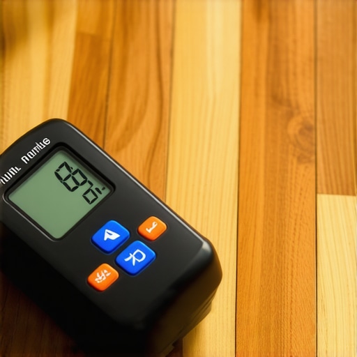 Using a Digital Moisture Meter on New Floors Close up of a hand using a digital moisture meter on a light oak hardwood floor to check for moisture content.