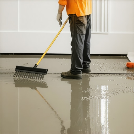 Contractor using a gauge rake to achieve a flat subfloor before flooring installation