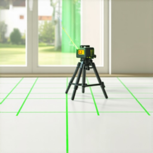 Using a Green Beam Laser Level for Sunroom Tile Layout A green beam laser level projects grid lines on a sunroom floor for tile installation.