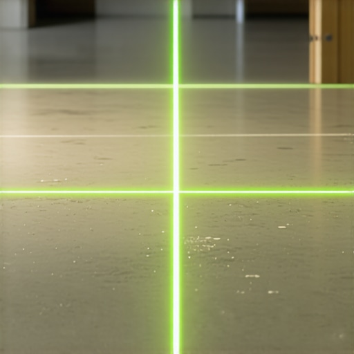 A green laser level projecting lines across a subfloor for precise flooring installation.